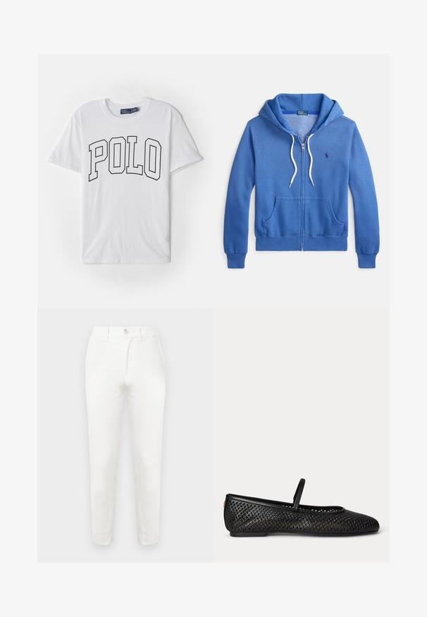 Blauer Kapuzenpullover mit Reißverschluss aus einer Baumwollmischung, innen weich gefüttert. Verfügt über eine Fronttasche, weiße Kordeln und ein gesticktes Logodetail.; Weißes Baumwoll-T-Shirt mit einem schwarzen Umrissdruck des Wortes "POLO" auf der Vorderseite, kurzen Ärmeln und einem Rundhalsausschnitt.; Weiße Baumwollhosen mit schmaler Passform, ausgestattet mit einem einfachen Knopfverschluss, flacher Vorderseite und zulaufenden Beinen. Der Stoff wirkt glatt mit minimaler Textur.; Schwarzer Mesh Mary Jane flacher Schuh mit geschlossenem Zehenbereich, niedrigem Absatz und einem einzelnen Riemen über dem Spann, seitlich auf weißem Hintergrund gezeigt.