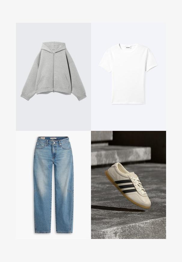 Lysegrå hættetrøje med lynlås, hætte, lange ærmer og forlommer lagt fladt på en lys baggrund.; Ensfarvet hvid t-shirt med korte ærmer og rund halsudskæring med en lille "WEEKDAY" label indeni halskanten, vist fladt på en lys baggrund.; Lyseblå denimjeans med løs pasform, lige ben, knapgylp og fem-lomme-stil med subtile falme- og syningsdetaljer.; Hvid sneaker med sorte striber og gummisål svæver over betontrapper i blødt dagslys.