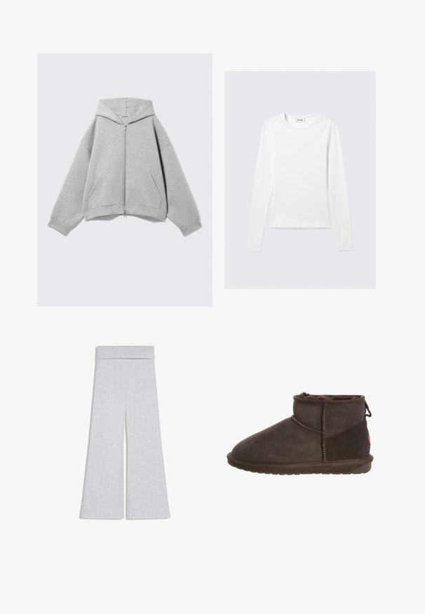 Lichtgrijze zip-up hoodie met capuchon, lange mouwen en voorzakken, plat neergelegd op een lichte achtergrond.; Effen wit shirt met lange mouwen en ronde hals, slim fit, afgebeeld tegen een lichtgrijze achtergrond.; Lichtgrijze broek met wijde pijpen en een hoge, omgevouwen tailleband, gemaakt van zachte stof, plat gelegd op een witte achtergrond.; Zwarte suède enkellaarsjes met een zacht interieur, ronde neus, platte loopzool en decoratieve stiksels langs de zijkant en achterkant.