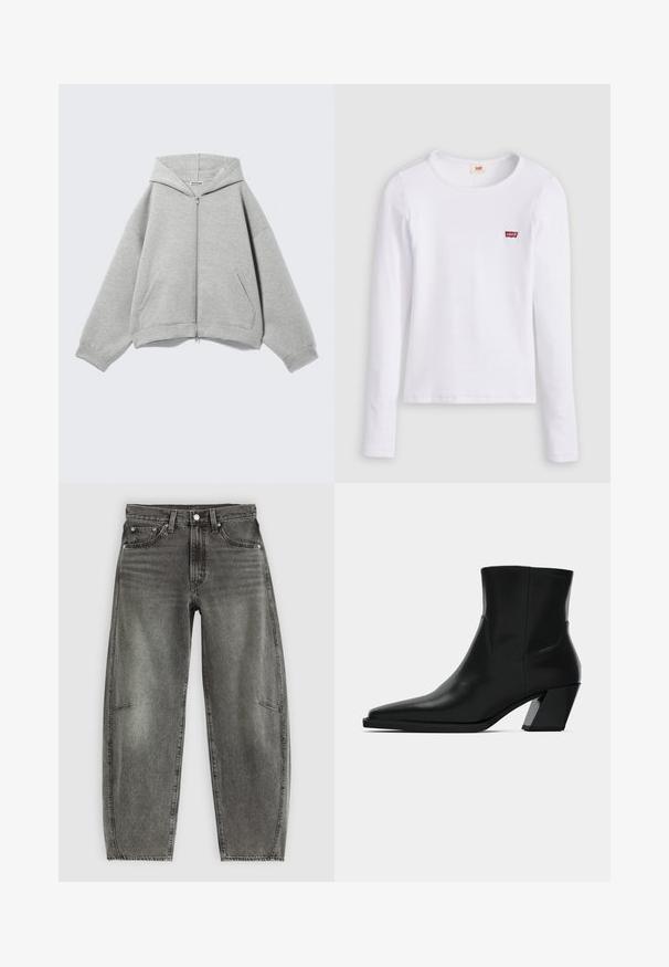 Hellgrauer Kapuzenpullover mit Reißverschluss, Kapuze, langen Ärmeln und Fronttaschen, flach auf hellem Hintergrund ausgelegt.; Weißes Levi's Langarmshirt mit Rundhalsausschnitt und kleinem rotem Levi's Logo auf der linken Brust, dargestellt vor einfarbigem Hintergrund.; Hochtaillierte, grau gewaschene Jeans aus Denim mit fünf Taschen, Knopfverschluss und einer lässigen, geraden Passform.; Schwarze Leder-Stiefelette mit spitzem Zeh, schlanker Silhouette und klobigem quadratischem Absatz. Glatte Textur mit minimalen Nähdetails.