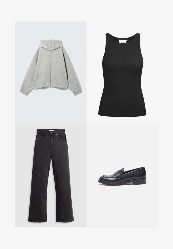 Sudadera con capucha y cremallera en gris claro, con capucha, mangas largas y bolsillos delanteros, colocada plana sobre un fondo claro.; Top negro sin mangas hecho de tela acanalada, con un escote en forma de bote y un ajuste ceñido. Costuras planas y sin adornos. Diseño simple y elegante.; Jeans de mezclilla negra de pierna ancha con cintura alta, cinco bolsillos y cierre de botón metálico. La tela tiene una textura suave y ligeramente desvaída.; Mocasines de cuero negro con un acabado suave, punta redondeada y detalle de costura lateral. Presentan un tacón bajo y rectangular.