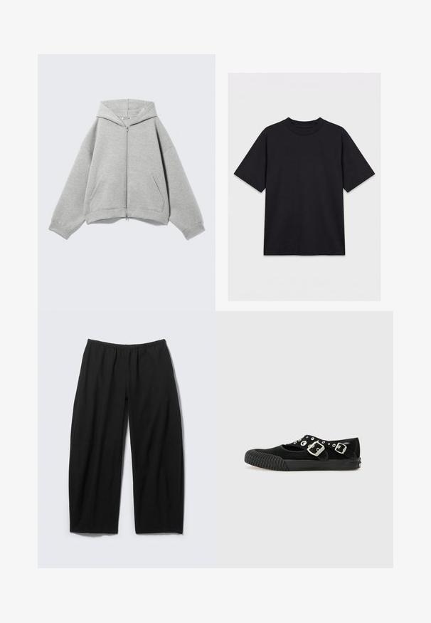 Sweat à capuche zippé gris clair avec capuche, manches longues et poches avant, posé à plat sur un fond clair.; T-shirt noir à manches courtes et col rond, présenté à plat sur un fond blanc, vue de face sans logos ni motifs visibles.; Pantalon noir ample avec taille élastique et jambes larges et droites, présenté à plat sur un fond clair.; Vans MARY JANE - Ballerines - black