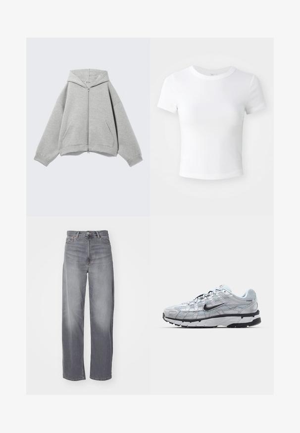 Lysegrå hættetrøje med lynlås, hætte, lange ærmer og forlommer lagt fladt på en lys baggrund.; Simpel hvid kortærmet cropped t-shirt med rund halsudskæring, præsenteret på en neutral lys baggrund.; Weekday RAIL MID LOOSE STRAIGHT - Jeans Straight Leg - misty grey; Nike P-6000 sneakers med en lys grå mesh overdel, sorte accenter og en holdbar sort gummisål. Har et detaljeret design og snøresystem.