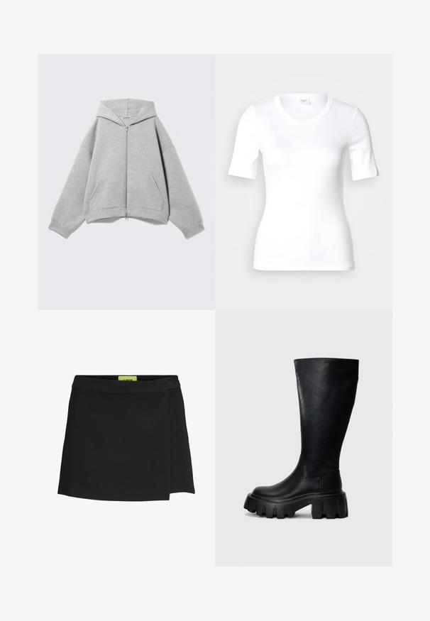 Lichtgrijze zip-up hoodie met capuchon, lange mouwen en voorzakken, plat neergelegd op een lichte achtergrond.; Wit T-shirt met korte mouwen van glad katoen, met een ronde halslijn en een aangesloten pasvorm. Klassiek ontwerp, zonder patronen of accenten.; Zwarte wikkelrok van gladde stof, met een hoge taille en een zijschuif. Label is zichtbaar in een contrasterende felgele kleur.; Zwarte kniehoge laarzen van glad leer met een dikke zool, met een ronde neus, elastische zijkanten en een subtiele stiknaad.