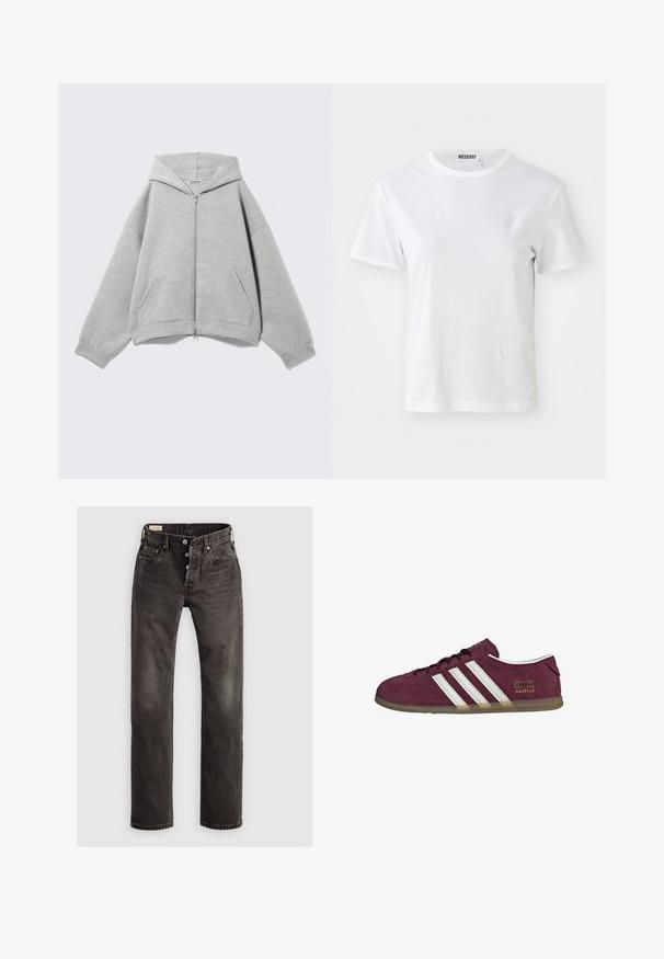 Sudadera con capucha y cremallera en gris claro, con capucha, mangas largas y bolsillos delanteros, colocada plana sobre un fondo claro.; Camiseta blanca de manga corta hecha de una tela suave. Cuenta con un escote redondo y un corte recto, con una etiqueta en el cuello interior.; Jeans rectos de color gris oscuro de mezclilla, con cierre de botones, diseño de cinco bolsillos y un sutil desgaste en la tela.; Zapatilla de ante color granate con detalles de rayas blancas, punta redonda y suela de goma color natural. Tiene una etiqueta con el logo en el lado exterior.