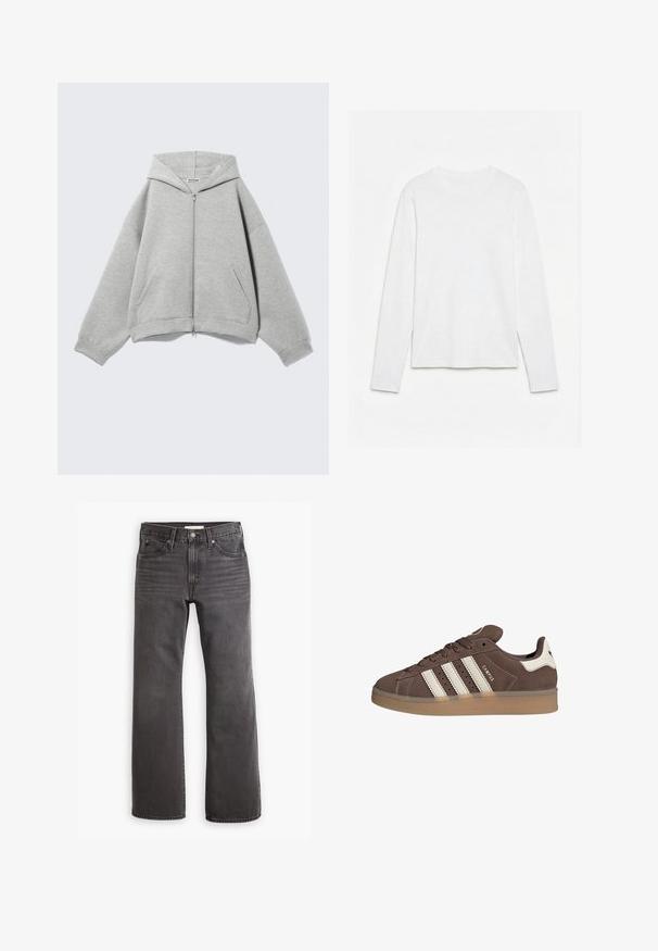 Sudadera con capucha y cremallera en gris claro, con capucha, mangas largas y bolsillos delanteros, colocada plana sobre un fondo claro.; Camiseta blanca lisa de manga larga con cuello redondo, extendida sobre una superficie blanca, mostrando el frente y la longitud completa de la manga.; Jeans de mezclilla gris con corte recto, diseño de cinco bolsillos y herrajes metálicos. Textura suave con un leve desgastado en la parte frontal.; Zapatilla de ante marrón con detalles en cuero blanco y tres rayas blancas. Presenta una puntera redonda y una suela de goma. Logotipo en el lateral.