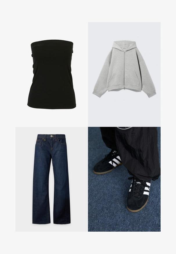 Sweat à capuche zippé gris clair avec capuche, manches longues et poches avant, posé à plat sur un fond clair.; Haut noir sans bretelles en tissu extensible, avec une texture lisse et une coupe ajustée. Aucun matériel ou accent visible.; Jean bleu foncé à jambes larges avec bouton et fermeture éclair, poches avant et arrière, passants de ceinture et surpiqûres contrastées, disposé à plat sur fond blanc.; Des chaussures de sport en suède noir avec trois rayures blanches et des lacets noirs. Un pantalon noir texturé est partiellement visible à côté des chaussures.