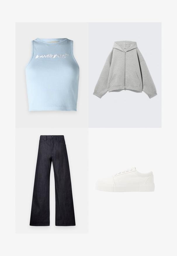 Sweat à capuche zippé gris clair avec capuche, manches longues et poches avant, posé à plat sur un fond clair.; Débardeur court en bleu clair avec un col rond et sans manches. Présente un texte brodé blanc à l'avant.; Jean en denim noir à jambe large présentant une texture lisse, un design traditionnel à cinq poches et un léger éclat, avec une fermeture à bouton.; Baskets blanches en toile avec une semelle en caoutchouc blanc épais, présentant une pointe arrondie et un design classique à lacets avec cinq œillets.