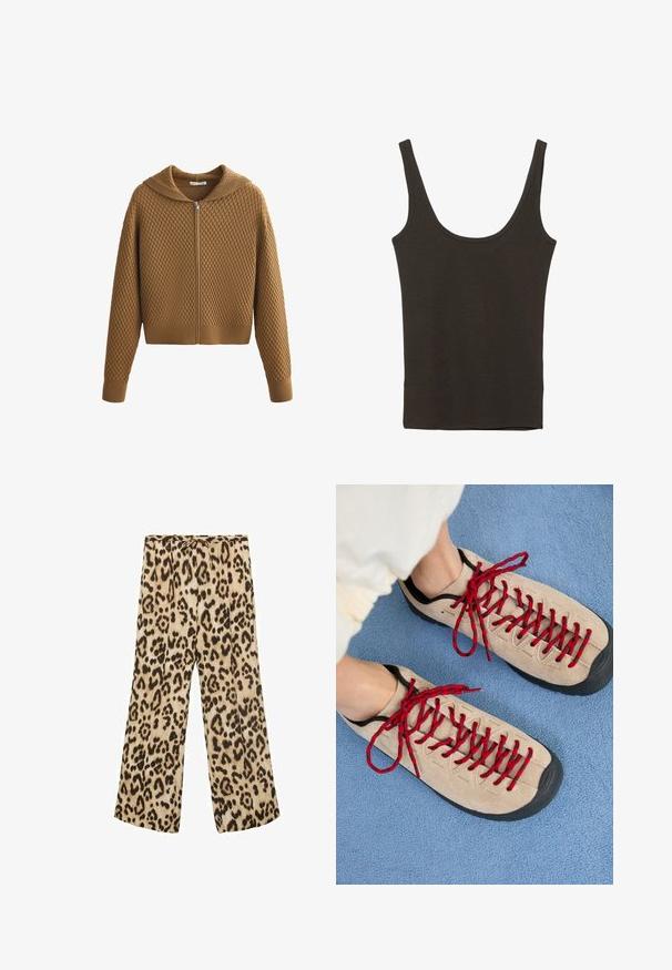 Brun strikket cardigan med lynlås og tekstureret diamantmønster, lange ærmer, ribstrikkede manchetter og en bred krave.; Mørkebrun ærmeløs tanktop med brede skulderstropper og en rund halsudskæring, lagt fladt på en hvid baggrund.; Betræksbukser med leopardmønster i beige og brun, med snøre i taljen, glat stof og en afslappet pasform.; Beige sko med røde snørebånd, placeret på en blå tekstureret overflade, delvist synliggørende en persons ankel. Skoene har et sporty design.