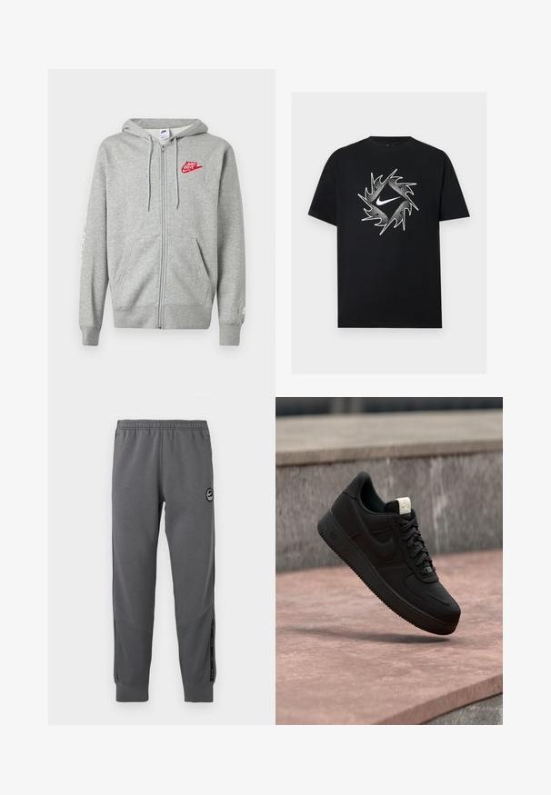 Lysegrå hættejakke med lynlås, forlommer, justerbar snøre i hætten og rød "Just Do It" Nike-logo på venstre bryst.; Sort T-shirt med korte ærmer med en hvid Nike-swoosh i midten, omgivet af et dynamisk spidset cirkeldesign.; Grå sweatpants lavet af blødt stof med elastisk talje, tætsiddende ben, sidelommer og en cirkulær logo-patch.; Sort Nike Air Force 1 sneaker, der svæver over en lyserød betonforkant med en grå stenet baggrund, som viser sidde- og topdetaljer.