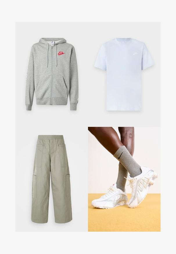 Helehall zip-up kapuutsiga fliis, ees taskud, reguleeritav nööriga kapuuts ja vasakul rinnal punane "Just Do It" Nike logo.; Hele sinine puuvillane t-särk lühikeste varrukatega, ümar kaelus ja valge Nike logo trükituna vasakul rinnal. Sile tekstuur, lihtne disain.; Laiad, oliivrohelised cargo-püksid elastse vöökohtadega, mitme tasku ja sileda tekstuuriga. Kokkuklapitav laius allääris.; Nike tenisijad valgetes toonides, hõbedaste aktsentidega, tekstureeritud paneelide ja perforatsioonidega. Koos hallide ribadega sokkidega, kollasel taustal.
