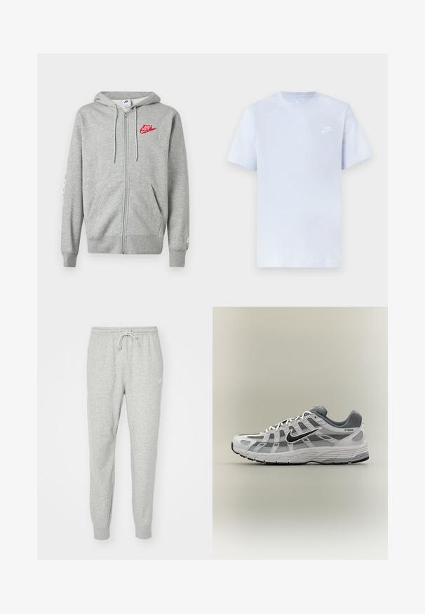 Vaaleanharmaa vetoketjullinen huppari, jossa on etutaskut, säädettävä kiristysnauha hupussa ja vasemmassa rinnassa punainen "Just Do It" - Nike-logo.; Vaaleansininen puuvillainen t-paita lyhyillä hihoilla, pyöreä kaula-aukko ja valkoinen Nike-logo vasemmassa rinnassa. Suora pinta, yksinkertainen muotoilu.; Harmaat collegehousut, jotka on valmistettu pehmeästä materiaalista ja joissa on joustava vyötärö, nyörikiinnitys ja ribbitaskut. Sivussa on pieni logo.; Valkoinen ja harmaa Nike P-6000 -lenkkari, jossa musta swoosh-logo, verkkopaneelit ja teksturoitu pohja, esitetty sivuprofiilissa neutraalilla taustalla.