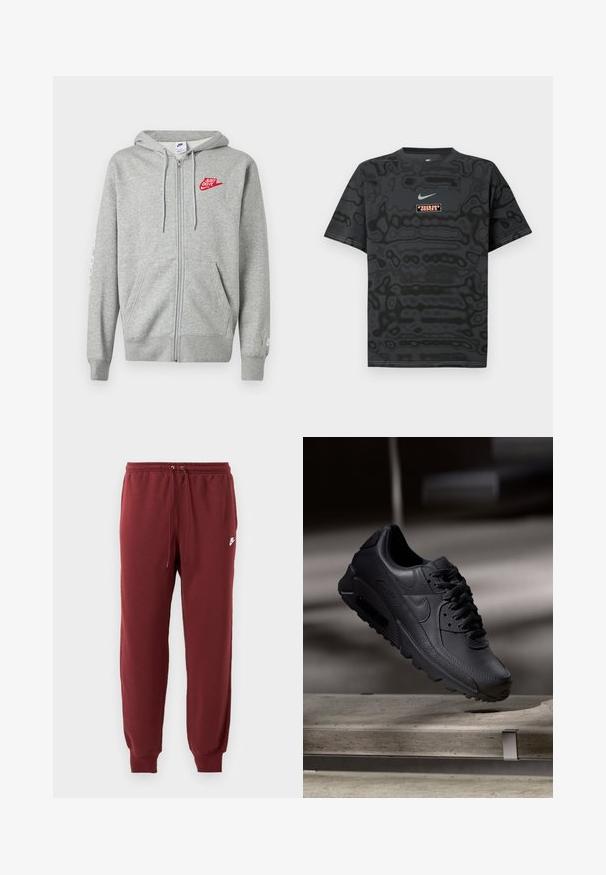 Sudadera con capucha y cremallera en gris claro, con bolsillos frontales, capucha ajustable con cordón y logo rojo de Nike "Just Do It" en el pecho izquierdo.; Camiseta negra con un patrón texturizado, que presenta un pequeño logotipo de Nike en azul claro y un parche rectangular con el logotipo en colores contrastantes.; Pantalones de chándal burdeos hechos de una tela suave, con una cinturilla elástica y cordón, y puños ajustados, marcados con un pequeño logotipo blanco.; Zapatillas Nike Air Max negras con parte superior de cuero texturizado, suela de goma y un sistema de cordones prominente, que muestran un diseño elegante y moderno.