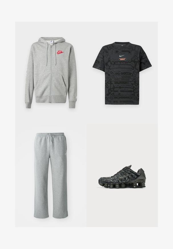 Sweat à capuche gris clair zippé avec poches devant, capuche ajustable à cordon, et logo Nike rouge "Just Do It" sur le côté gauche de la poitrine.; T-shirt noir avec un motif texturé, arborant un petit logo Nike en bleu clair et un écusson rectangulaire aux couleurs contrastantes.; Pantalons de survêtement en coton gris avec une taille élastique, fermeture à cordon et jambes droites. Comprend un petit logo sur le côté supérieur gauche.; Chaussure de course noire Nike avec amorti segmenté de la semelle et motif blanc tacheté sur le tissu supérieur, vue de côté extérieur.