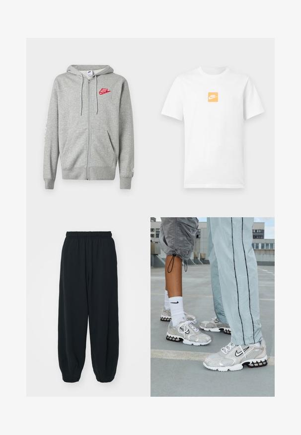 Svetlosivá mikina na zips s prednými vreckami, nastaviteľnou kapucňou so šnúrkami a červeným logom Nike "Just Do It" na ľavej strane hrudníka.; Biele krátke bavlnené tričko s krátkym rukávom s malým oranžovým štvorcom na hrudi s bielym logom Nike a známym znakem swoosh.; Čierne tepláky s elastickým pásom, vo voľnom strihu, s manžetami na členkoch, hladkej textúry a bez viditeľných vzorov alebo kovových doplnkov.; Tenisové topánky Nike vyrobené z strieborného sieťového materiálu, s bielymi šnúrkami, čiernym logom swoosh a čiernou a červenou vzduchovou tlmiacou podrážkou.