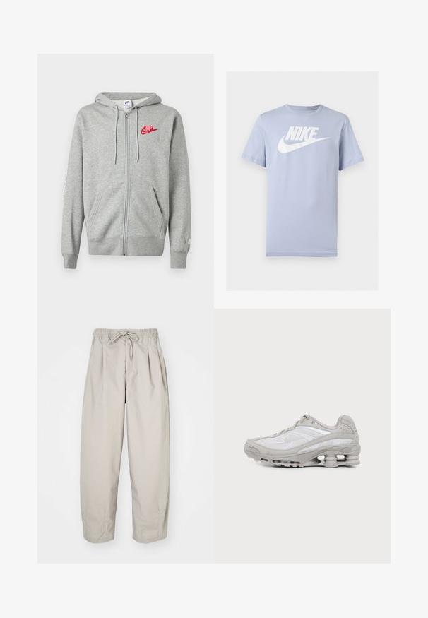 Lysegrå hættejakke med lynlås, forlommer, justerbar snøre i hætten og rød "Just Do It" Nike-logo på venstre bryst.; Lyseblå kortærmet bomuld T-shirt med hvid Nike-logo og swoosh på brystet, vist på ensfarvet baggrund.; Beige, lette bukser med elastisk talje og snor. Har plisseringer og en løs pasform, lavet af blødt, glat stof.; Grå og hvid atletiksko med synlig luftpolstret sål og mesh-paneler, vist i profil på en ensartet lys baggrund.