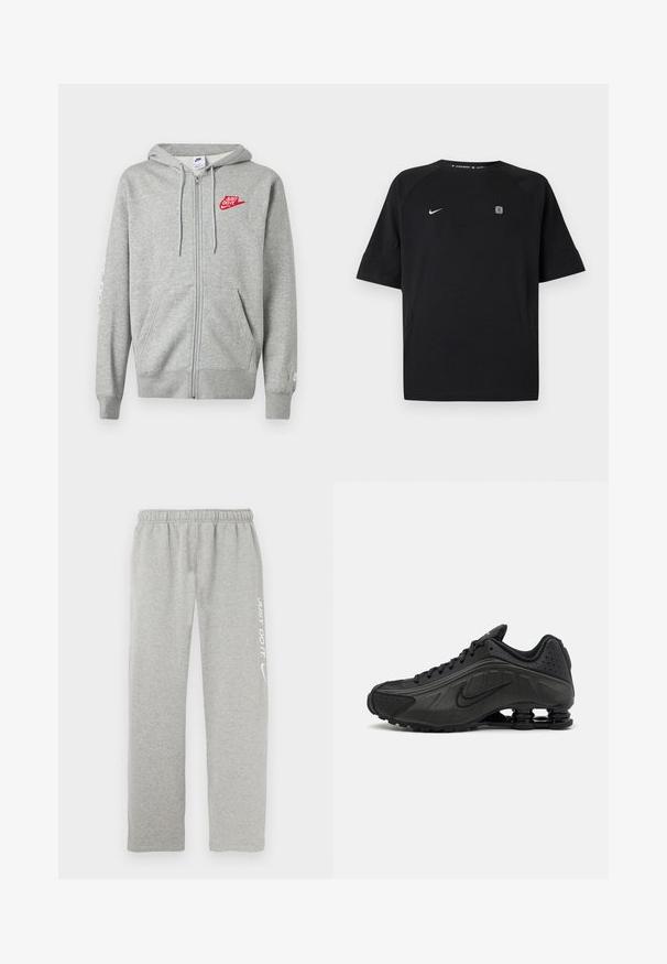 Lichtgrijze hoodie met rits, voorzakken, verstelbare capuchon met trekkoord en een rood "Just Do It" Nike-logo op de linkerborst.; Zwart Nike sportshirt met korte mouwen met wit swoosh-logo op de linkerborst en klein vierkant embleem op de rechterborst, effen achtergrond.; Grijze sweatpants van zacht materiaal met een elastische tailleband. Voorzien van witte tekst "JUST DO IT" en het Nike swoosh-logo op één been.; Zwarte hardloopschoenen met een glad bovenwerk van synthetisch materiaal, geperforeerde accenten, gestructureerde zijpanelen en een opvallende veerkrachtige zool.