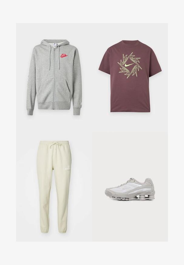 Vaaleanharmaa vetoketjullinen huppari, jossa on etutaskut, säädettävä kiristysnauha hupussa ja vasemmassa rinnassa punainen "Just Do It" - Nike-logo.; Lyhythihainen viininpunainen T-paita, jossa on neonkeltaisia abstrakteja, piikkisiä pyöreitä kuvioita ja rinnan keskellä swoosh-logo.; Harmattanbeige verkkarit, jotka on valmistettu pehmeästä kankaasta. Niissä on joustava vyötärö, jossa on nauha, käännetyt nilkat ja pieni painettu logotyyppi.; Harmaa ja valkoinen urheilujalkaine, jossa verkkopaneelit, nauhallinen malli ja ainutlaatuinen jousimainen pohja vaimennukseen ja tukeen.