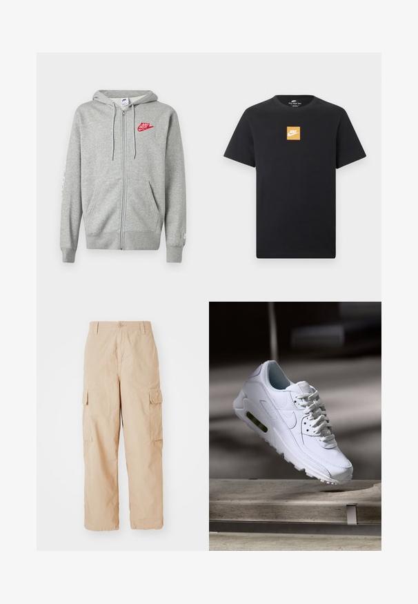Lysegrå hættejakke med lynlås, forlommer, justerbar snøre i hætten og rød "Just Do It" Nike-logo på venstre bryst.; Sort kortærmet Nike T-shirt med en lille orange firkantet logo og hvid Nike-swoosh placeret centralt på brystet.; Beige cargo bukser med afslappet pasform, lavet af letvægtsstof, med to sidelommer og en knaplukning i taljen.; Hvide lædersneakers med teksturerede overflader, polstret krave og synlig luftpolstring i sålen. Har snørrebånd og et minimalistisk design.