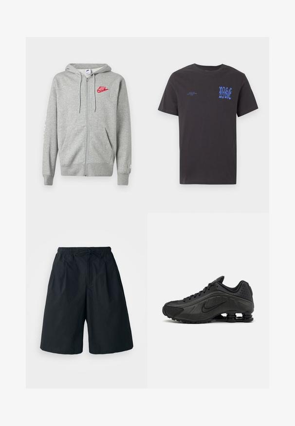 Sudadera con capucha y cremallera en gris claro, con bolsillos frontales, capucha ajustable con cordón y logo rojo de Nike "Just Do It" en el pecho izquierdo.; Camiseta negra de manga corta con cuello redondo y texto azul "NIKE" en fuente gótica en el pecho, y un texto más pequeño "NIKE AIR INCORPORATED 1972" en el lado izquierdo.; Pantalones cortos negros con cintura elástica y cordón ajustable. Hechos de una tela suave, con un corte holgado y sin patrones visibles.; Zapatillas de running negras con un upper sintético liso, detalles perforados, paneles laterales texturizados y una suela distintiva y elástica.