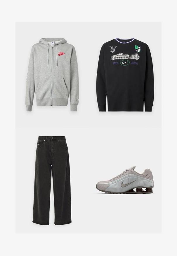 Svetlosivá mikina na zips s prednými vreckami, nastaviteľnou kapucňou so šnúrkami a červeným logom Nike "Just Do It" na ľavej strane hrudníka.; Čierne tričko s dlhým rukávom Nike SB s bielym rozmazaným logom, fialovým nápisom "EST. 2002", grafikou orla a štítom s ikonami na hrudi.; Obey Clothing BIGWIG BAGGY - Džínsy baggy - black; Běžecká obuv Nike ve světle šedé barvě s hladkým povrchem, zakřiveným designem a viditelnými odpružovacími pružinami v tmavě hnědé barvě na patě.