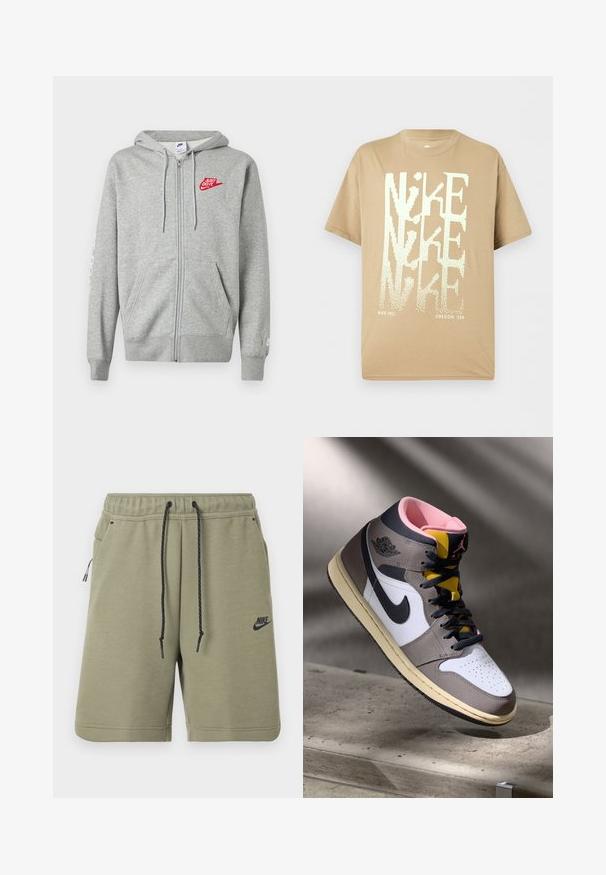 Lysegrå hættejakke med lynlås, forlommer, justerbar snøre i hætten og rød "Just Do It" Nike-logo på venstre bryst.; Beige kortærmet Nike T-shirt med overlappende stor hvid "NIKE" tekst samt små "NIKE INC." og "OREGON, USA" nederst.; Olivengrønne Nike-shorts med sort snøre, elastisk talje, sidelommer og Nike-logo på venstre ben.; Høj-top Nike Air Jordan sneaker i hvid, grå og sort med pink indvendigt og gul tunge, placeret på en betonoverflade.