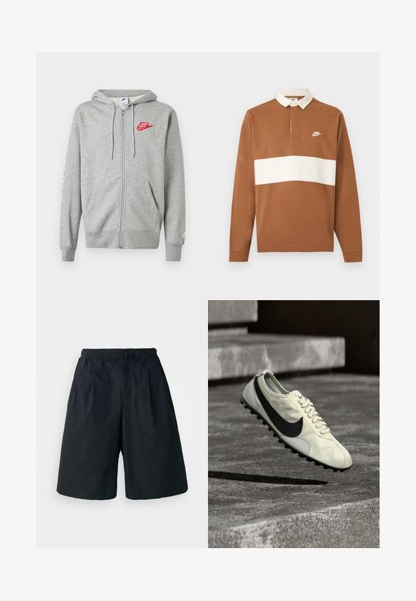 Lysegrå hættejakke med lynlås, forlommer, justerbar snøre i hætten og rød "Just Do It" Nike-logo på venstre bryst.; Brun rugbytrøje med lange ærmer med hvid vandret stribe, hvid krave, knap ved halsen og hvid Nike-logo på venstre bryst.; Sorte shorts med elastisk talje og justerbar snor. Lavet af et glat stof, med en løs pasform og uden synlige mønstre.; Hvid Nike-sneaker med sort Swoosh-logo, snørebånd og gummisål med trækkraft, vist midt i luften over betonstrappen.