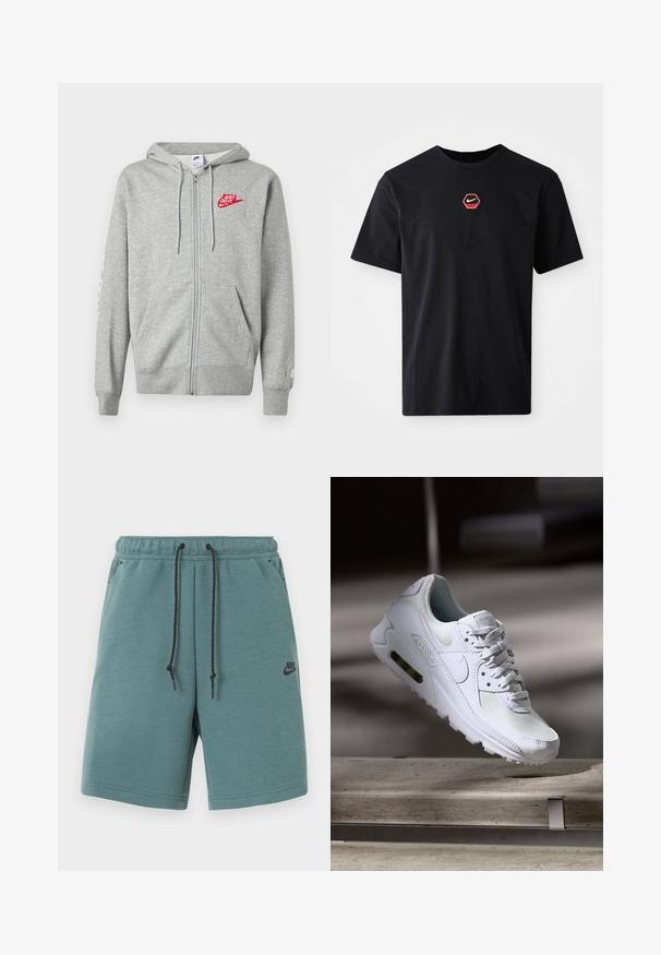 Helehall zip-up kapuutsiga fliis, ees taskud, reguleeritav nööriga kapuuts ja vasakul rinnal punane "Just Do It" Nike logo.; Must puuvillane lühikeste varrukatega T-särk, millel on rinnal kuusnurkne punase ja valge Nike logo ning ümar kaelus.; Sinise-rohelised Nike lühikesed püksid musta nööriga, elastse vöökohaga, küljetaskutega ja väikese musta Nike logoga vasakul reiel.; Valged Nike Air Max 90 sneakers, millel on võrkkangast ja nahast ülemine osa, aukudega varbadosa ning nähtav õhuüksus kandades.