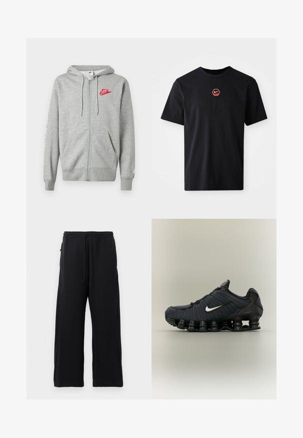 Sudadera con capucha y cremallera en gris claro, con bolsillos frontales, capucha ajustable con cordón y logo rojo de Nike "Just Do It" en el pecho izquierdo.; Camiseta negra de mangas cortas hecha de algodón, con un logo hexagonal de Nike en rojo y blanco en el pecho y un escote redondeado.; Pantalones de chándal negros hechos de una tela suave, con cintura elástica ajustable, diseño de pierna ancha y bolsillos laterales con una textura lisa.; Zapatilla de running negra Nike con logo blanco Swoosh y diseño único de suela tipo resorte sobre un fondo liso y claro.