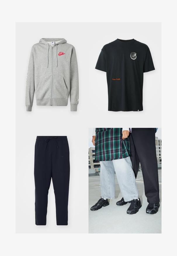 Vaaleanharmaa vetoketjullinen huppari, jossa on etutaskut, säädettävä kiristysnauha hupussa ja vasemmassa rinnassa punainen "Just Do It" - Nike-logo.; Musta lyhythihainen T-paita, jossa on pieni valkoinen fossiilikuva rintakappaleessa ja oranssi "Texas Fossils" -teksti vasemmalla alhaalla.; Tumman siniset jogger-housut pehmeästä kankaasta, joissa on joustava vyötärönyöri, kapenevat lahkeet ja sivutaskut.; Mustat urheilukengät, joissa on verkko- ja kumikoristeita. Yhdistetty vaaleanharmaiden leveiden farkkujen ja ruudullisen vihreän paidan kanssa. Tasainen tausta.