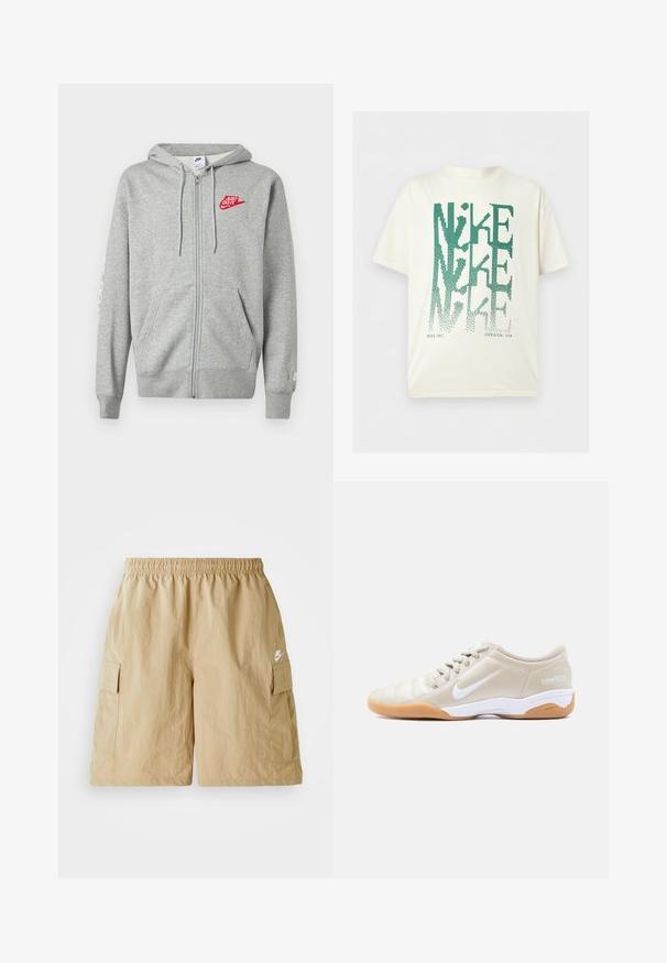 Svetlosivá mikina na zips s prednými vreckami, nastaviteľnou kapucňou so šnúrkami a červeným logom Nike "Just Do It" na ľavej strane hrudníka.; Biele tričko s krátkym rukávom s veľkým zeleným skresleným textom „NIKE“ usporiadaným vertikálne a malým textom „NIKE INC. OREGON, USA“ v dolnej časti.; Bežové cargo šortky s elastickým pásom, prednými vreckami a malým bielym logom Nike. Ľahká tkanina s zvrásnenou textúrou.; Béžová vnútorná futbalová obuv Nike Total 90 III s bielym logom, bielou strednou podrážkou, gumovou podrážkou a béžovými šnúrkami zobrazená v bočnom profile.