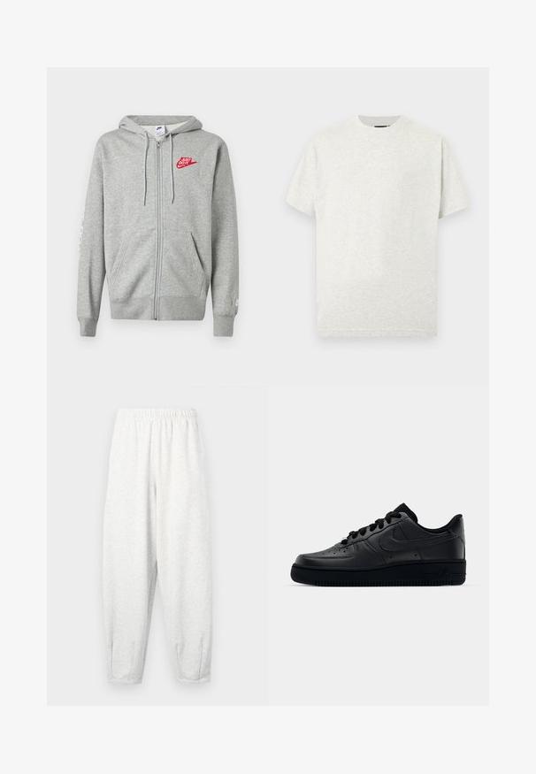 Hellgrauer Kapuzenpullover mit Reißverschluss, Fronttaschen, verstellbarer Kordelzugkapuze und rotem "Just Do It" Nike-Logo auf der linken Brust.; Hellgraues Baumwoll-T-Shirt mit Rundhalsausschnitt, kurzen Ärmeln und glatter Textur. Einfaches Design ohne sichtbare Muster oder Akzente.; Hellgraue Sweatpants aus weichem Stoff, mit einem elastischen Bund, schmal zulaufenden Beinen und Fußbündchen. Einfaches Design ohne Muster.; Schwarzer Nike Air Force 1 Schuh mit einem glatten Lederoberteil, perforierter Zehenpartie für Atmungsaktivität, schwarzen Schnürsenkeln und einer strukturierten Gummisohle.
