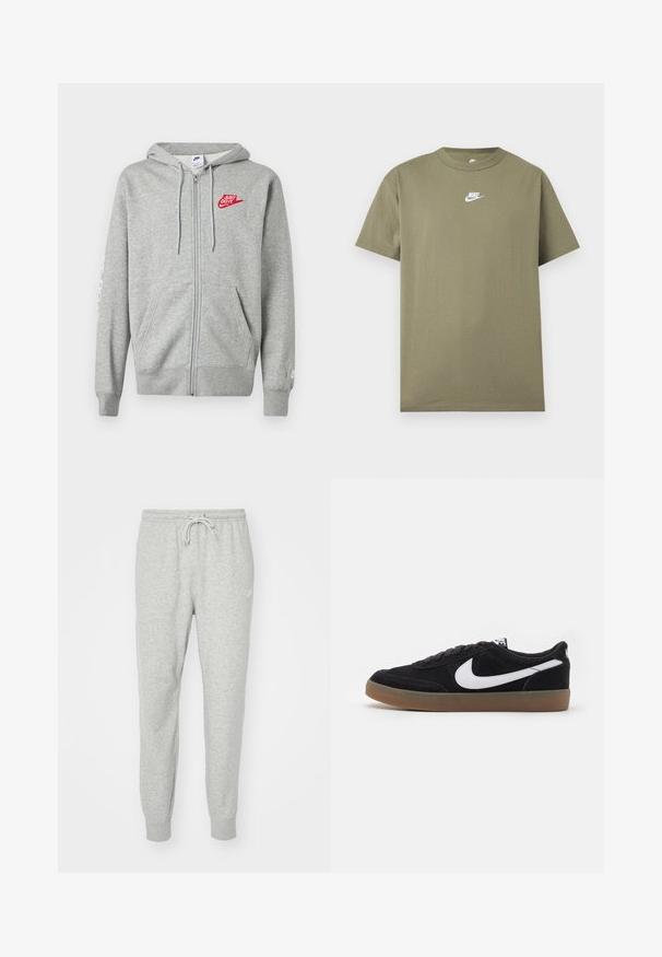 Sudadera con capucha y cremallera en gris claro, con bolsillos frontales, capucha ajustable con cordón y logo rojo de Nike "Just Do It" en el pecho izquierdo.; Camiseta Nike de manga corta y cuello redondo en verde oliva con logo blanco en el pecho sobre un fondo liso gris claro.; Pantalones de chándal grises hechos de material suave, con cintura elástica, cierre de cordón y puños acanalados. Presenta un pequeño logo en el costado.; Zapatillas de skate de ante negro con el logotipo de Nike en blanco, puntera redonda y suela de goma. Presentan un diseño con cordones planos y un collar acolchado.