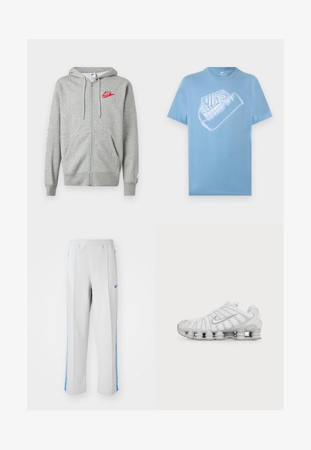 Lysegrå hættejakke med lynlås, forlommer, justerbar snøre i hætten og rød "Just Do It" Nike-logo på venstre bryst.; Lyseblå kortærmet Nike T-shirt med stor stiliseret hvid Nike-logo og swoosh-grafik på brystet.; Lys grå sportsbukser med blå sidelister, der har en afslappet pasform, elastisk talje og lynlåslommer. Nike-logo foran.; Hvid Nike løbesko med synlig luftstøbt sål og sølv swoosh-logo på siden, vist fra ydersiden.