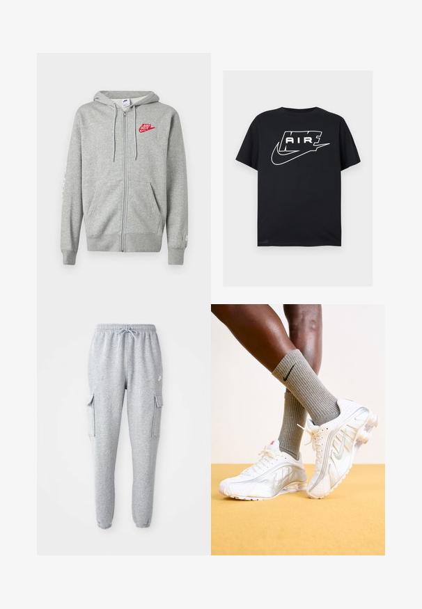 Hellgrauer Kapuzenpullover mit Reißverschluss, Fronttaschen, verstellbarer Kordelzugkapuze und rotem "Just Do It" Nike-Logo auf der linken Brust.; Schwarzes Kurzarm-T-Shirt mit fettem weißen stilisierten „AIR“-Schriftzug und einem Swoosh-Logo über der Brust auf einfachem Hintergrund.; Graue Sweatpants aus weichem Material, mit elastischem Bund und Kordelzug, zwei seitlichen Cargo-Taschen und schmal zulaufenden Bündchen.; Nike-Sneaker in Weiß mit silbernen Akzenten, ausgestattet mit strukturierten Paneelen und Perforationen. Kombiniert mit grauen gerippten Socken, vor einem gelben Hintergrund.