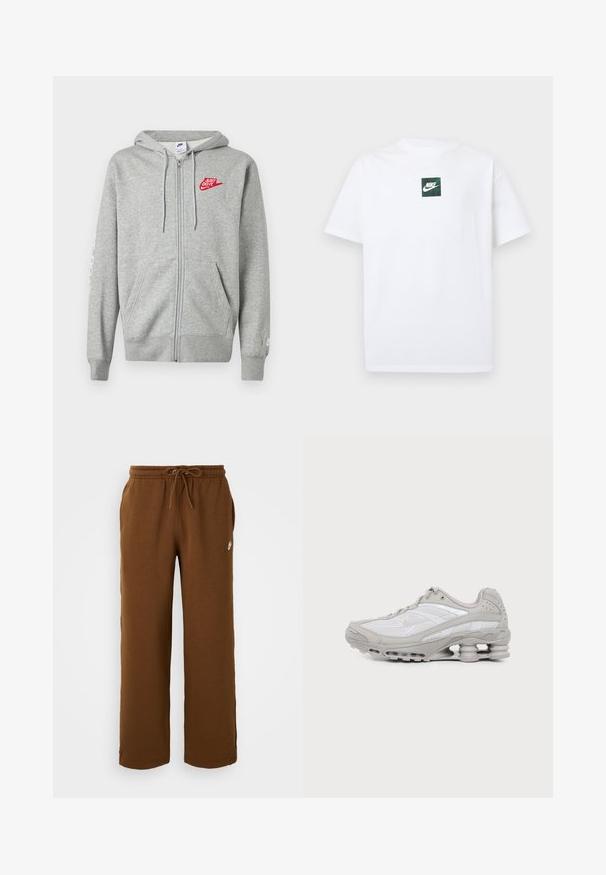 Sudadera con capucha y cremallera en gris claro, con bolsillos frontales, capucha ajustable con cordón y logo rojo de Nike "Just Do It" en el pecho izquierdo.; Camiseta blanca de manga corta de Nike con un pequeño logo cuadrado verde que presenta el símbolo swoosh de Nike y texto centrado en el pecho.; Pantalones de chándal marrones hechos de tela suave, con una cintura elástica y cordón, bolsillos laterales y un logo blanco en el lado izquierdo.; Zapatilla deportiva gris y blanca con paneles de malla, diseño con cordones y una suela única tipo resorte para amortiguación y soporte.