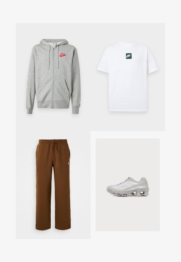 Svetlosivá mikina na zips s prednými vreckami, nastaviteľnou kapucňou so šnúrkami a červeným logom Nike "Just Do It" na ľavej strane hrudníka.; Biele krátke tričko s krátkym rukávom od Nike s malým zeleným štvorcovým logom, ktoré obsahuje logo Nike Swoosh a text umiestnený v strede na hrudi.; Hnedé tepláky vyrobené z mäkkého materiálu, s elastickým pásom na šnúrku, bočnými vreckami a bielym logom na ľavej strane.; Svetlosivá a biela športová obuv s viditeľným pružinovým odpružením v podrážke a sieťovinovým zvrškom.