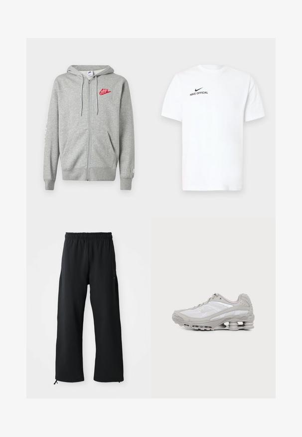 Lysegrå hættejakke med lynlås, forlommer, justerbar snøre i hætten og rød "Just Do It" Nike-logo på venstre bryst.; Hvid bomulds T-shirt med korte ærmer. Har en sort "Nike Official"-logo og en sort swoosh på venstre brystside.; Sorte bukser med brede ben lavet af blødt stof, med elastisk talje og snøre, sidelommer og en glat overflade.; Grå og hvid atletiksko med synlig luftpolstret sål og mesh-paneler, vist i profil på en ensartet lys baggrund.