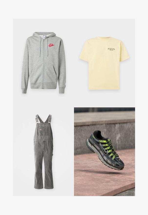 Helehall zip-up kapuutsiga fliis, ees taskud, reguleeritav nööriga kapuuts ja vasakul rinnal punane "Just Do It" Nike logo.; Kollane puuvillane t-särk lühikeste varrukatega ja ümarate kaelustega, mille vasakus rinnas on trükitud graafiline logo.; Hallid hallid denim üleüldpäevarõivad reguleeritavate rihmadega, esipaneeli taskuga, külgtaskutega ja laienevate jalgadega. Tugev kangas ja mugav lõige igapäevaseks kasutamiseks.; Must ja hall Nike P-6000 toss neoonkollaste detailide ja paeltidega, hõljumas roosa betoonpinna kohal.