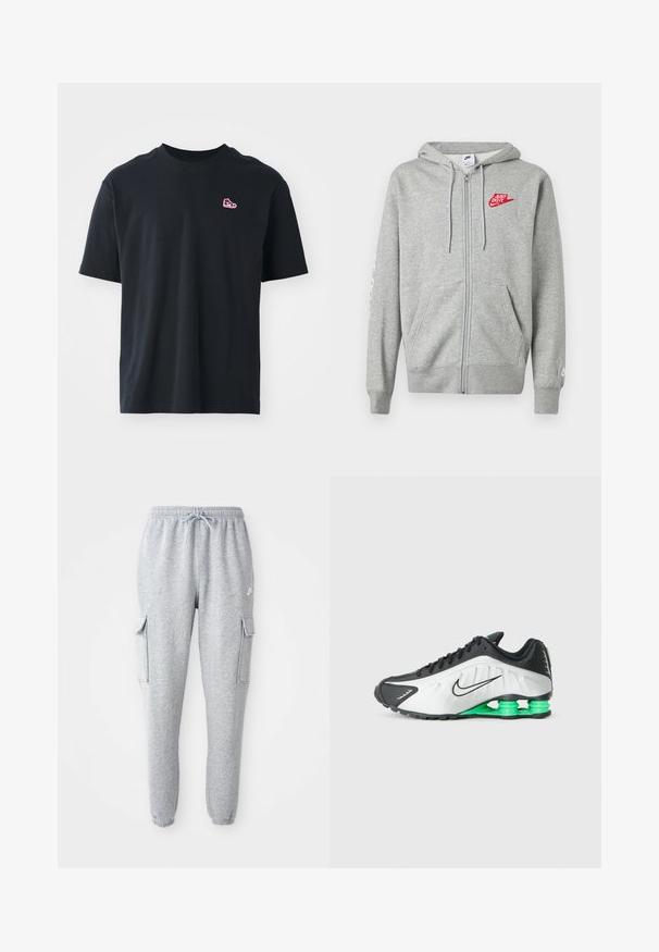 Sweat à capuche gris clair zippé avec poches devant, capuche ajustable à cordon, et logo Nike rouge "Just Do It" sur le côté gauche de la poitrine.; T-shirt en coton noir à manches courtes, col rond, avec un petit logo de basket rouge brodé sur la poitrine gauche. Texture lisse et design minimal.; Pantalons de survêtement gris en tissu doux, avec une taille élastique à cordon de serrage, deux poches cargo sur les côtés et des poignets ajustés.; Baskets noires et blanches avec des accents verts, dotées d'un design épuré, d'un dessus texturé et d'une semelle segmentée distinctive.
