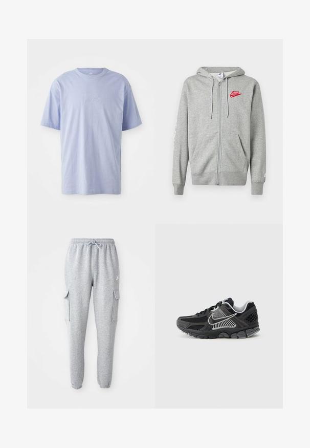 Helehall zip-up kapuutsiga fliis, ees taskud, reguleeritav nööriga kapuuts ja vasakul rinnal punane "Just Do It" Nike logo.; Heleheles sinine puuvillane T-särk ümmarguse kaelusega ja lühikeste varrukatega. Ees keskel on reljeefne "nike" logo. Pehme tekstuur.; Hallid hallid dressipüksid, mis on valmistatud pehmest kangast ja millel on elastne vöökoht koos nööridega, kaks külgset kottide taskut ja kitsenevad sääred.; Mustad spordijalats võrgust paneelide ja sünteetiliste detailidega. Omab ümarat varvast, paksu pehmendusega tallaplaati ning kontrastset valget logodetaili.