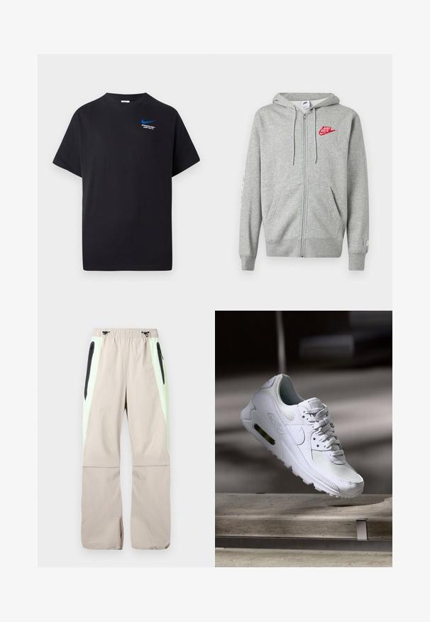 Svetlosivá mikina na zips s prednými vreckami, nastaviteľnou kapucňou so šnúrkami a červeným logom Nike "Just Do It" na ľavej strane hrudníka.; Čierne tričko s krátkym rukávom, s malým modrým Nike swoosh a bielym textom "ATHLETIC DEPT JUST DO IT." na hornej ľavej strane hrudi.; Béžové nohavice so svetlozelenými bočnými panelmi, čiernymi zipsovými vreckami na stehnách a elastickým pásom s čiernymi šnúrkami.; Biele tenisky Nike Air Max 90 s vrchnou časťou z kože a sieťoviny, perforovanou špičkou a viditeľnou vzduchovou jednotkou v päte.