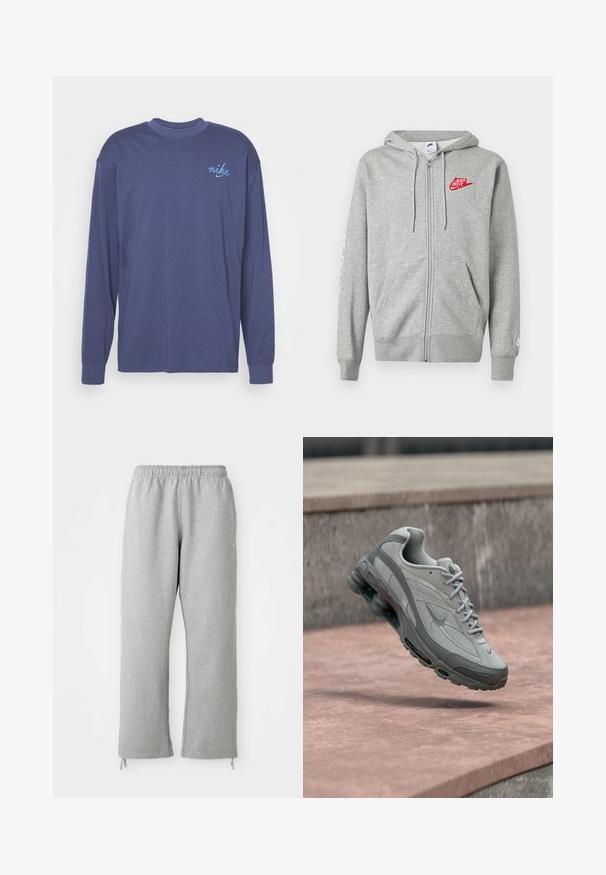 Svetlosivá mikina na zips s prednými vreckami, nastaviteľnou kapucňou so šnúrkami a červeným logom Nike "Just Do It" na ľavej strane hrudníka.; Dlhý rukáv, tmavomodré tričko s dlhým rukávom vyrobené z bavlny, s malým modrým vyšitým logom "nike" na ľavej hrudi. Okrouhly výstrih a ribbované manžety.; Sivé tepláky s elastickým pásom, rovným strihom a šnúrkami na leme. Vyrobené z mäkkej, textúrovanej látky.; Sivá a biela teniska Nike zavesená nad kamenným schodom s viditeľným vzduchovým odpružením a textúrovanou podrážkou.