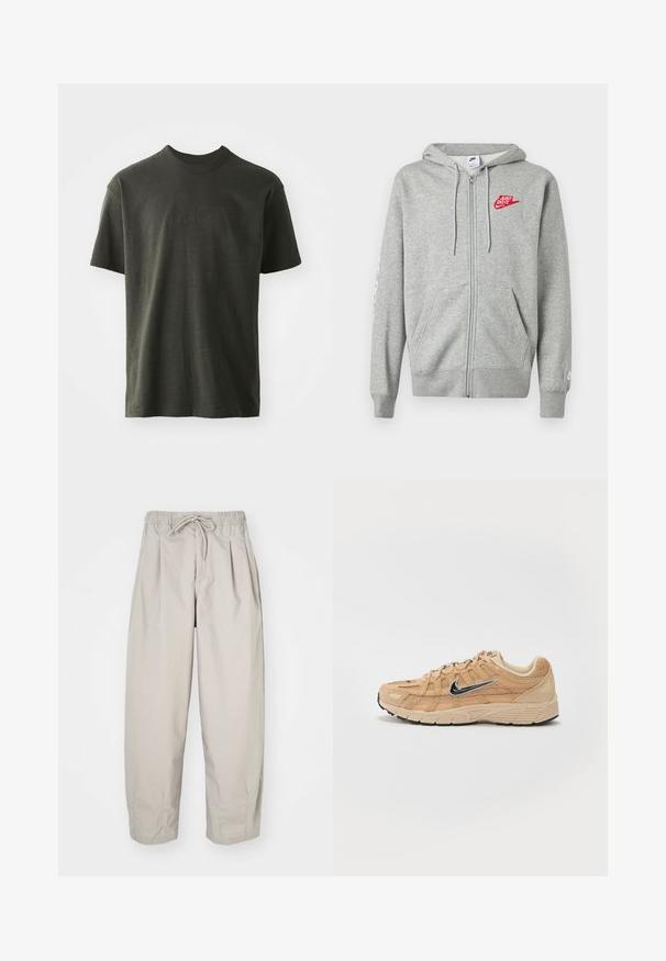 Sudadera con capucha y cremallera en gris claro, con bolsillos frontales, capucha ajustable con cordón y logo rojo de Nike "Just Do It" en el pecho izquierdo.; Camiseta verde oscura de tela suave, con cuello redondo y mangas cortas. Logo "nike" bordado en un verde ligeramente más oscuro.; Pantalones ligeros color beige con cintura elástica y cordón de ajuste. Presentan pliegues y un corte holgado, elaborados con una tela suave y lisa.; Zapatilla deportiva beige con materiales de malla y ante, silueta curva, suela negra, prominente logo plateado de Nike en el lateral y acentos texturizados.