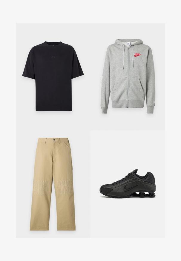 Hellgrauer Kapuzenpullover mit Reißverschluss, Fronttaschen, verstellbarer Kordelzugkapuze und rotem "Just Do It" Nike-Logo auf der linken Brust.; Oakley RISE TEE - T-Shirt basic - blackout; Khakifarbene Baumwollhosen mit geradem Bein, versehen mit weißen Kreuzstichen auf den Knie-Patches und einem Frontknopfverschluss.; Schwarze Laufschuhe mit einem glatten synthetischen Obermaterial, durchbrochenen Akzenten, strukturierten Seitenpaneelen und einer ausgeprägten federnden Sohle.