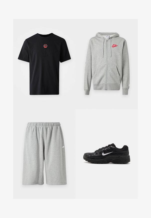 Lysegrå hættejakke med lynlås, forlommer, justerbar snøre i hætten og rød "Just Do It" Nike-logo på venstre bryst.; Sort kortærmet T-shirt i bomuld med et sekskantet rødt og hvidt Nike-logo på brystet og en rund halsudskæring.; Grå bomuldsshorts med elastik i taljen, med løs pasform og et lille hvidt logo nær kanten. Glat tekstur, længde over knæet.; Sorte atletiske sko med en tekstureret mesh-overdel og gummisål. Ikonisk hvid swoosh-logo på siden, med snørebåndsdesign.