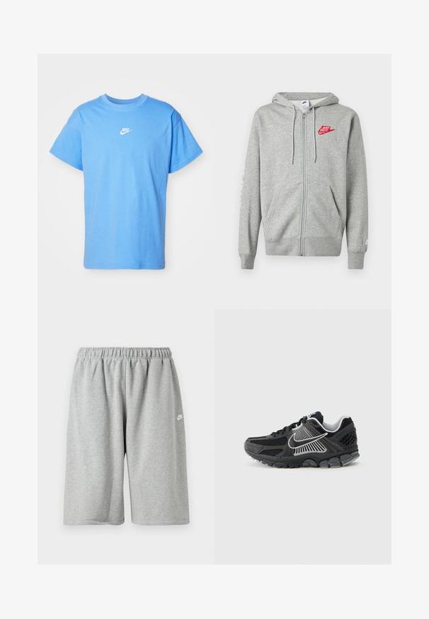 Lysegrå hættejakke med lynlås, forlommer, justerbar snøre i hætten og rød "Just Do It" Nike-logo på venstre bryst.; Blå bomulds T-shirt med korte ærmer og rund halsudskæring; har et hvidt Nike-logo på brystet. Enkel, lige skåret design.; Grå bomuldsshorts med elastik i taljen, med løs pasform og et lille hvidt logo nær kanten. Glat tekstur, længde over knæet.; Sort atletiksko med meshpaneler og syntetiske detaljer. Har en rundet tå, tyk polstret sål og kontrasterende hvide logodetaljer.