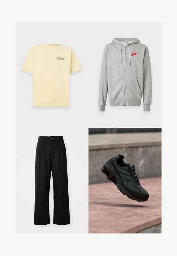 Sudadera con capucha y cremallera en gris claro, con bolsillos frontales, capucha ajustable con cordón y logo rojo de Nike "Just Do It" en el pecho izquierdo.; Camiseta de algodón amarilla con mangas cortas y cuello redondo, que presenta un logo gráfico impreso en la parte izquierda del pecho.; Pantalones negros de pierna ancha hechos de algodón con una textura suave, con cierre frontal de botón y dos bolsillos laterales.; Zapatilla deportiva negra con entresuela visible con amortiguación de aire que flota sobre una superficie de piedra rosa con un fondo de pared de piedra gris.