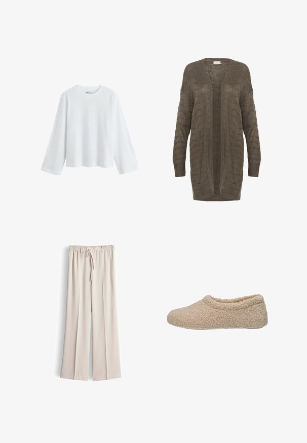 Cardigan en tricot couleur vert olive avec une coupe ample, un décolleté en V profond et un motif texturé. Doté d'un devant ouvert et de manches longues. Matière douce.; T-shirt blanc à manches longues en coton doux, avec un col rond et un design à épaule tombante, offrant une coupe décontractée et sans motifs visibles.; Pantalon beige à jambes larges avec taille élastique et lien coulissant à l'avant, tissu lisse, longueur complète, sans poches visibles ni ornements.; Pantoufle beige avec une texture douce et duveteuse et une forme arrondie. Elle a un dos fermé et une conception à l'avant ouvert, avec une coupe basse autour de la cheville.