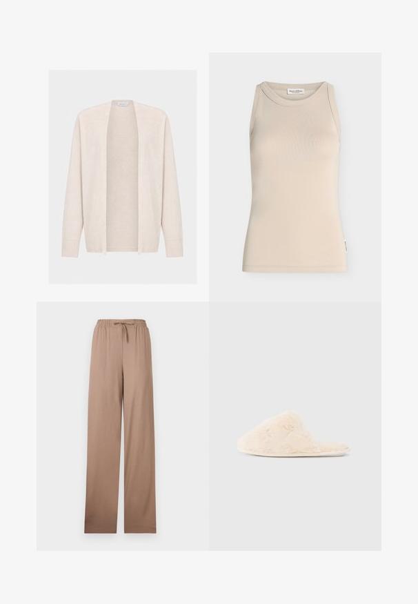 Cardigan beige à ouverture sur le devant, manches longues et poignets côtelés, confectionné dans un tissu tricoté doux.; Débardeur beige sans manches avec encolure ronde, design simple et petite étiquette de marque sur la couture latérale.; Pantalon beige à jambe large avec taille élastique et cordon de serrage, en tissu léger, présenté à plat sur fond blanc.; Pantoufle floue de couleur crème avec une texture douce, design à bout ouvert et subtils accents brodés sur le dessus.